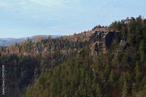 View of the landscape at sunset in National Park Bohemian Switzerland, Czech Republic
