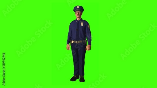 Animated Police Officer Salutes on Chroma-key green screen background photo