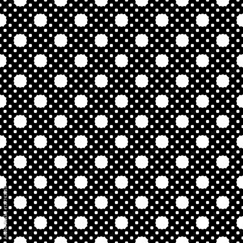 Vector seamless pattern, simple geometric texture, white figures on black backdrop, polka dot illustration with rounded octagons. Abstract repeat background. Design for decor, print, decoration, web Vector seamless pattern, simple geometric texture, white figures on black backdrop, polka dot illustration with rounded octagons. Abstract repeat background. Design for decor, print, decoration, web
