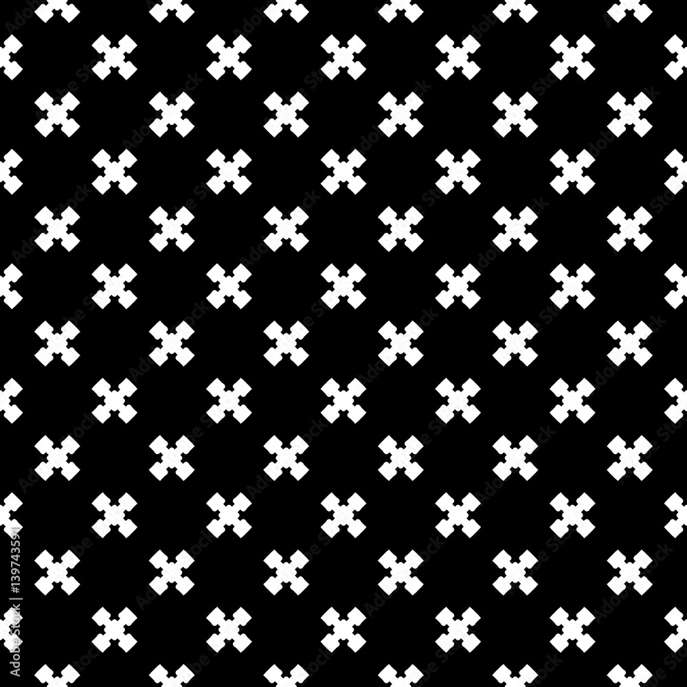 Vector monochrome minimalist texture, simple geometric pattern. White staggered crosses on black background. Stylish repeat dark backdrop. Design element for decoration, print, textile, cover, digital Vector monochrome minimalist texture, simple geometric pattern. White staggered crosses on black background. Stylish repeat dark backdrop. Design element for decoration, print, textile, cover, digital