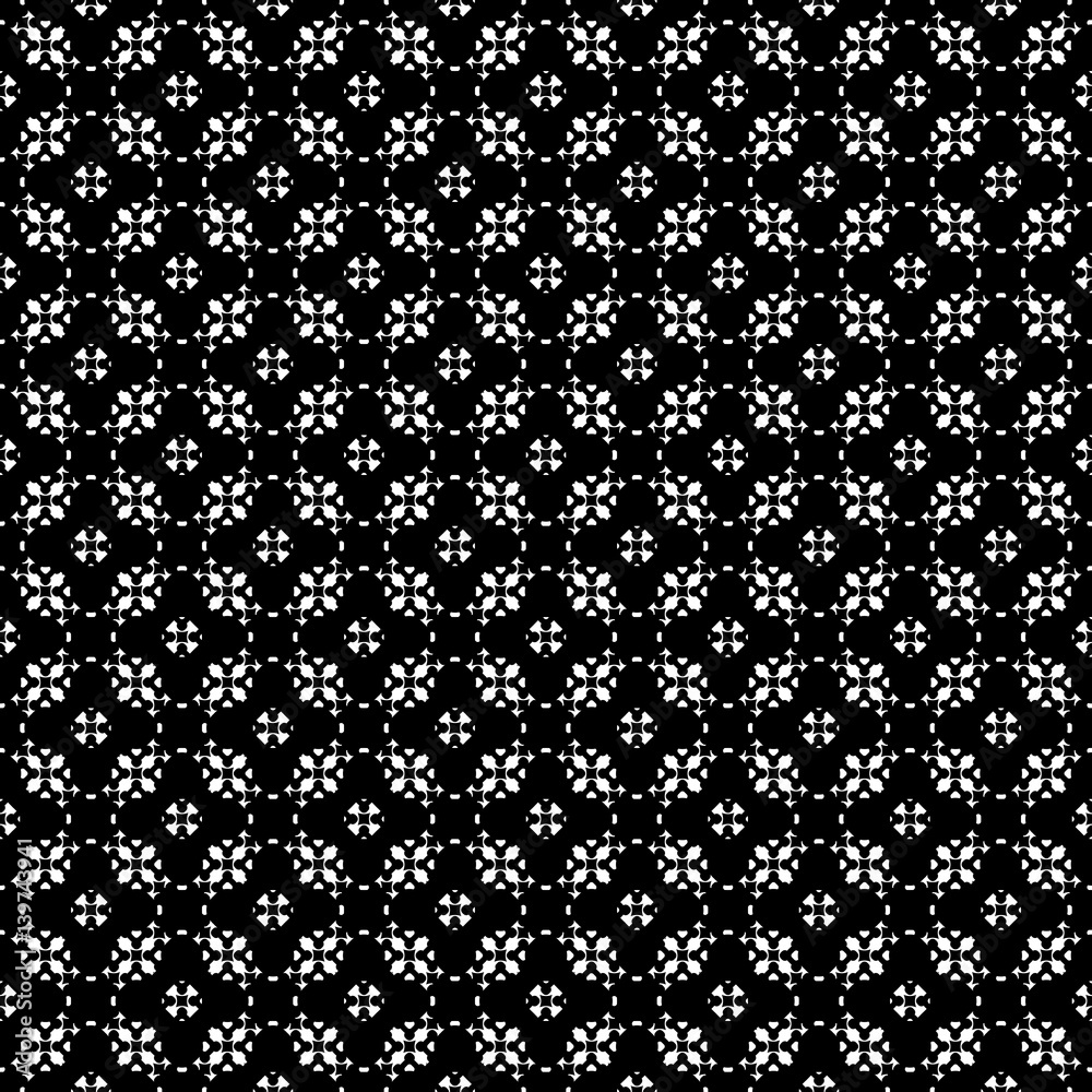 Vector seamless pattern, monochrome ornamental texture. Delicate floral figures, traditional oriental style. Black & white abstract repeat geometrical background. Dark design for decoration, textile