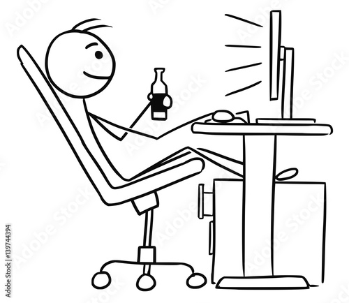 Cartoon of Man Sitting in Front of Computer and Drinking a Beer from Bottle