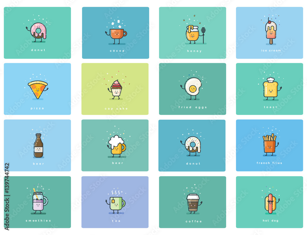 Vector set of flat food icons, cute cartoon characters