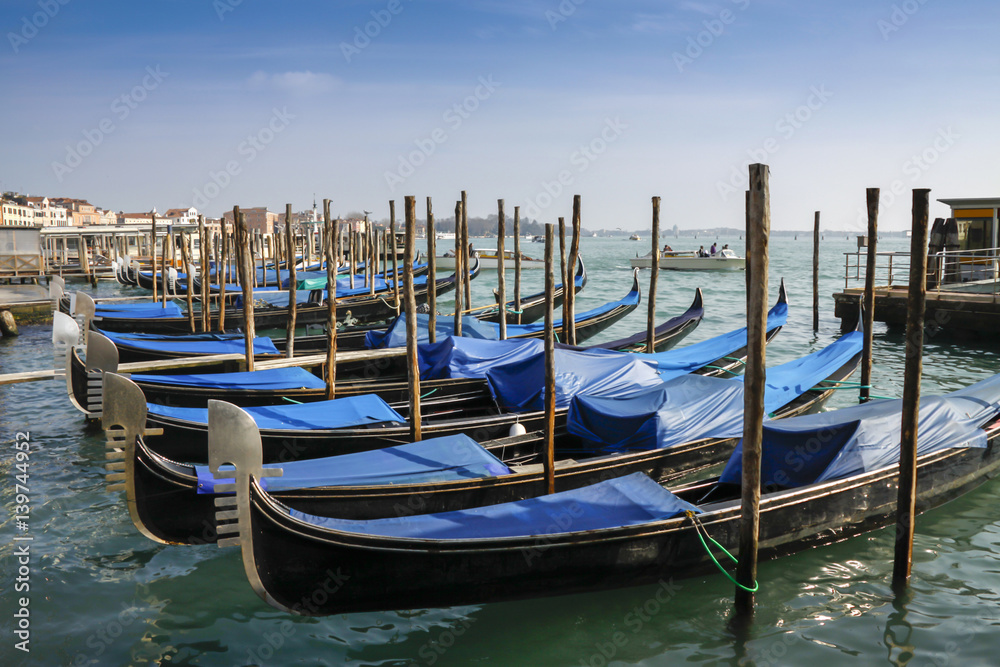 Gondolas moored in front of Saint Mark square in Venice