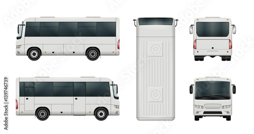 White mini bus vector template. Isolated city minibus. All elements in the groups have names, the view sides are on separate layers. There is the ability to easily editing.