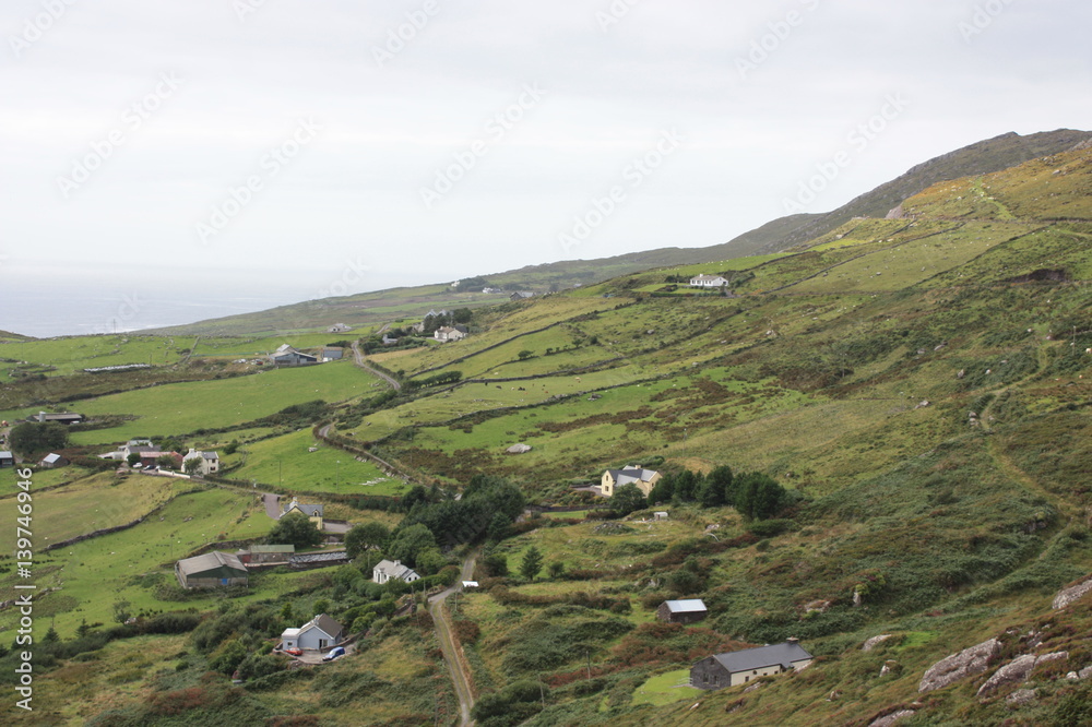 Fototapeta premium Irish hills and cottages rural landscape