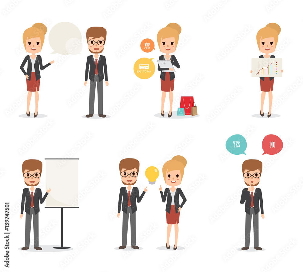 businessman and business woman in job character at office. business people infographic. flat design vector. businessman and business woman in job character at office. business people infographic. flat design vector.