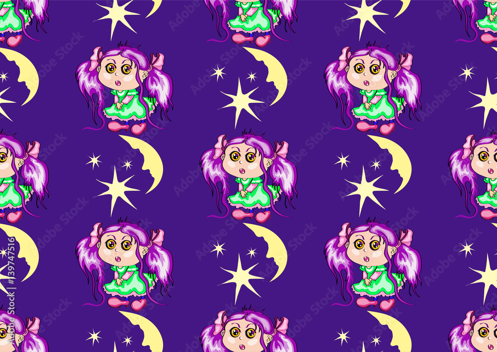 Obraz premium Seamless vector texture, girl with stars and moon on purple background
