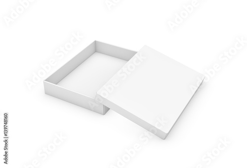 3d rendering of a very slim rectangle box with a lid lying unevenly on top, all white in side view.