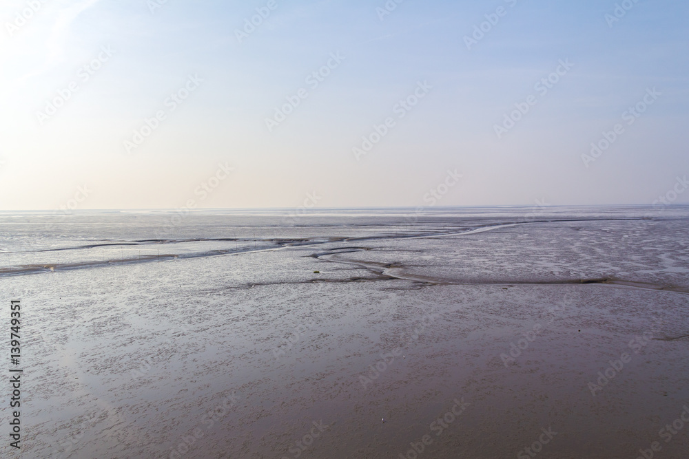 Wadden Sea. Broad, wide mud flats with tidalway near Bremerhaven Germany