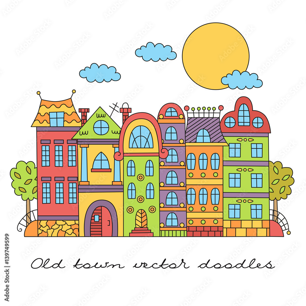 European city scape doodle cute colorful houses buildings trees clouds sun vector ilustration