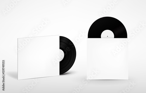 Set of vinyl record and envelope for plate. Retro sound carrier. Mock up. Isometric view. Vector illustration.