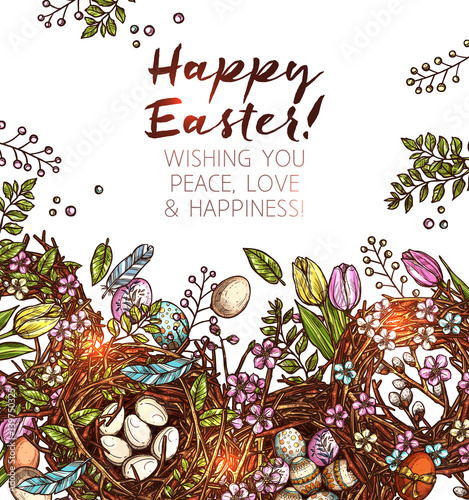 Happy Easter Sketch Background With Greeting. Hand Drawn Concept Made With Flowers, Wreaths, Eggs And Nests. Holy Easter Card