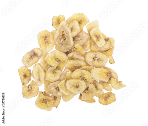 Dried banana slices isolated on white background. Top view.