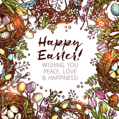 Happy Easter Sketch Background With Greeting. Hand Drawn Frame Made With Flowers, Wreaths, Eggs And Nests. Holy Easter Card