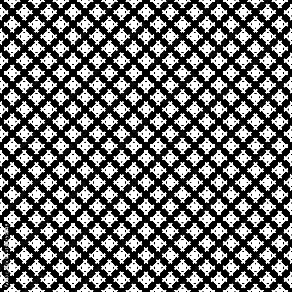 Vector monochrome seamless pattern, simple geometric texture, white figures on black backdrop. Abstract repeat background for tileable print. Design for decoration, textile, fabric, cloth, digital