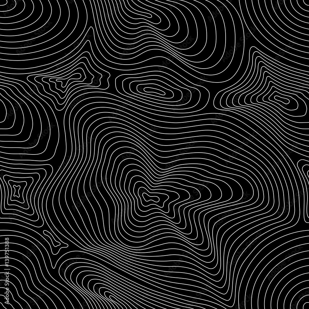 Vector monochrome seamless pattern, curved lines, black & white layered texture. Abstract dynamical rippled surface, visual halftone 3D effect, illusion of movement. Modern dark digital design element