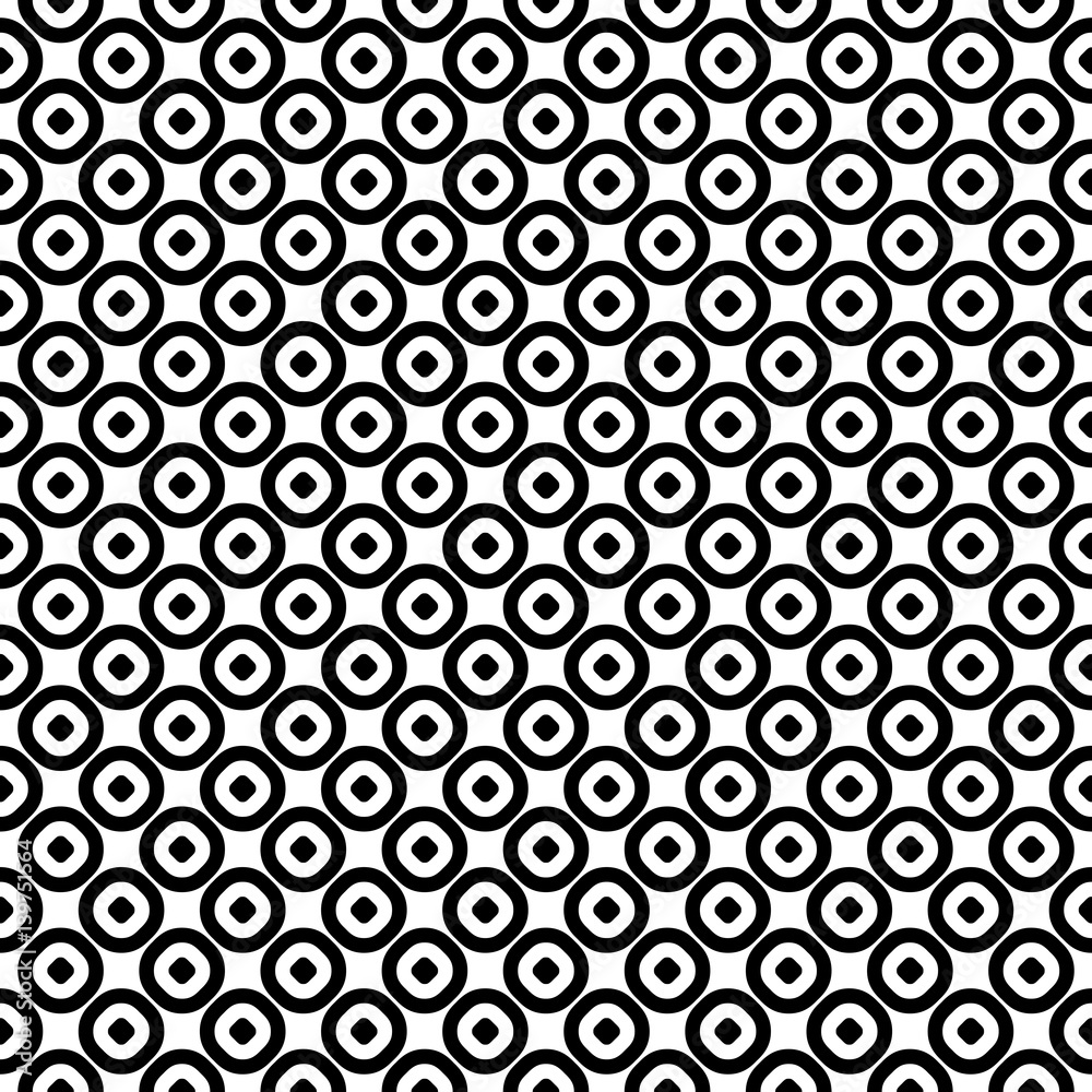 Vector seamless pattern, monochrome polka dot texture. Simple geometric background with staggered perforated circles, black & white abstract design. Element for prints, decor, textile, cloth, wrapping