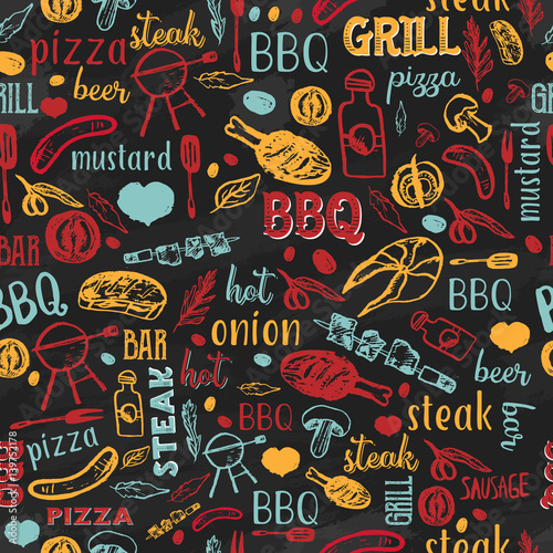 BBQ Barbecue Grill Sketch Seamless Pattern with typography. Colorful cafe menu design for wrapping  banners  promotion.