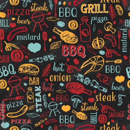 BBQ Barbecue Grill Sketch Seamless Pattern with typography. Colorful cafe menu design for wrapping, banners, promotion.
