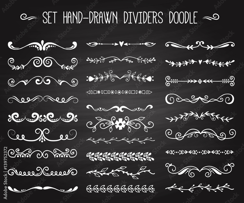Set of hand drawn white doodle design elements decorative floral dividers arrows and swirls branch vintage decoration on black vector illustration.