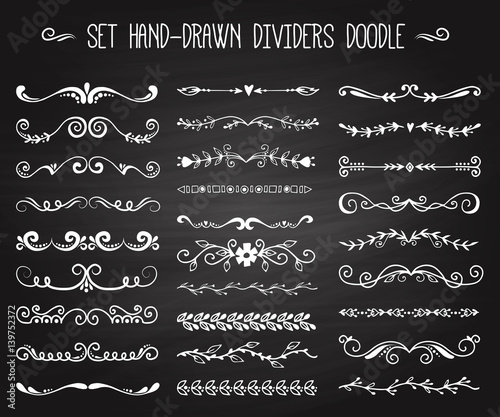 Set of hand drawn white doodle design elements decorative floral dividers arrows and swirls branch vintage decoration on black vector illustration.