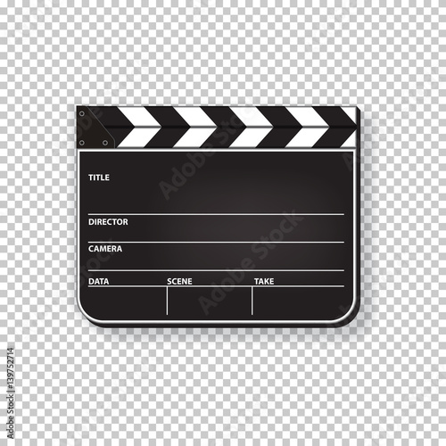 Vector realistic closed clapperboard isolated on transparent background.