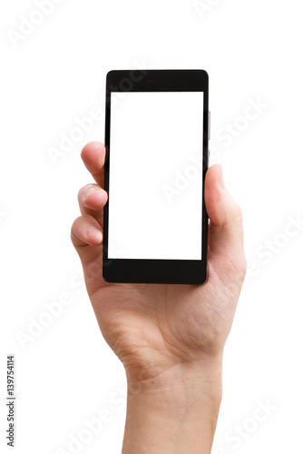 isolated man hand holding the mobile phone with isolated display