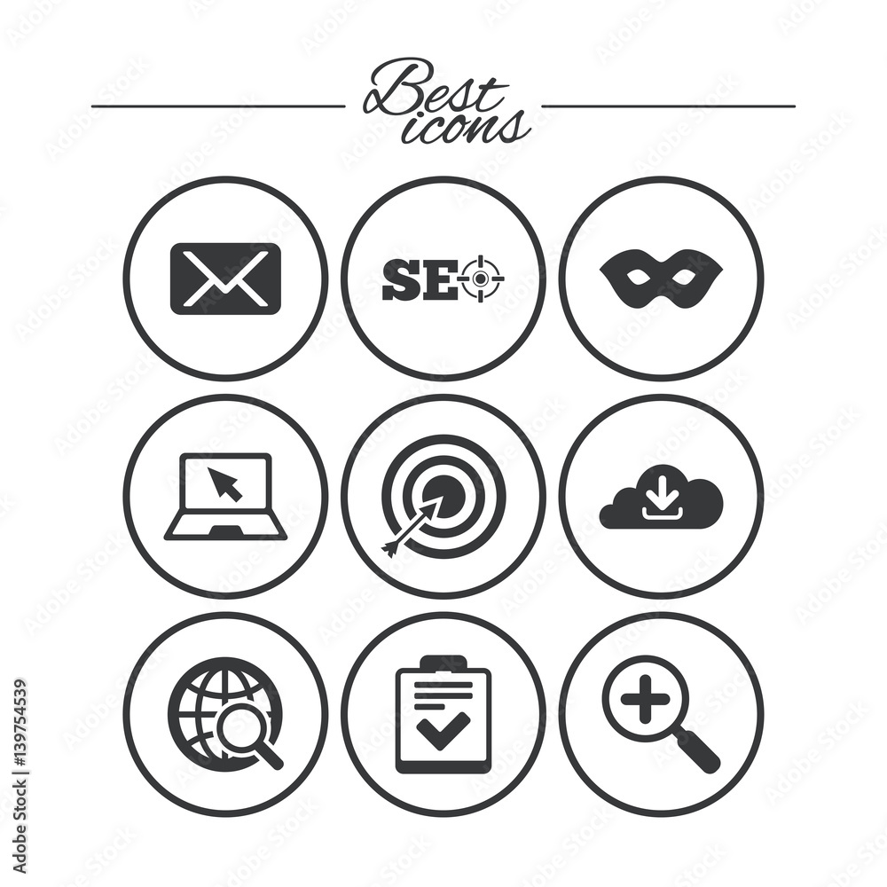 Internet, seo icons. Checklist, target signs.