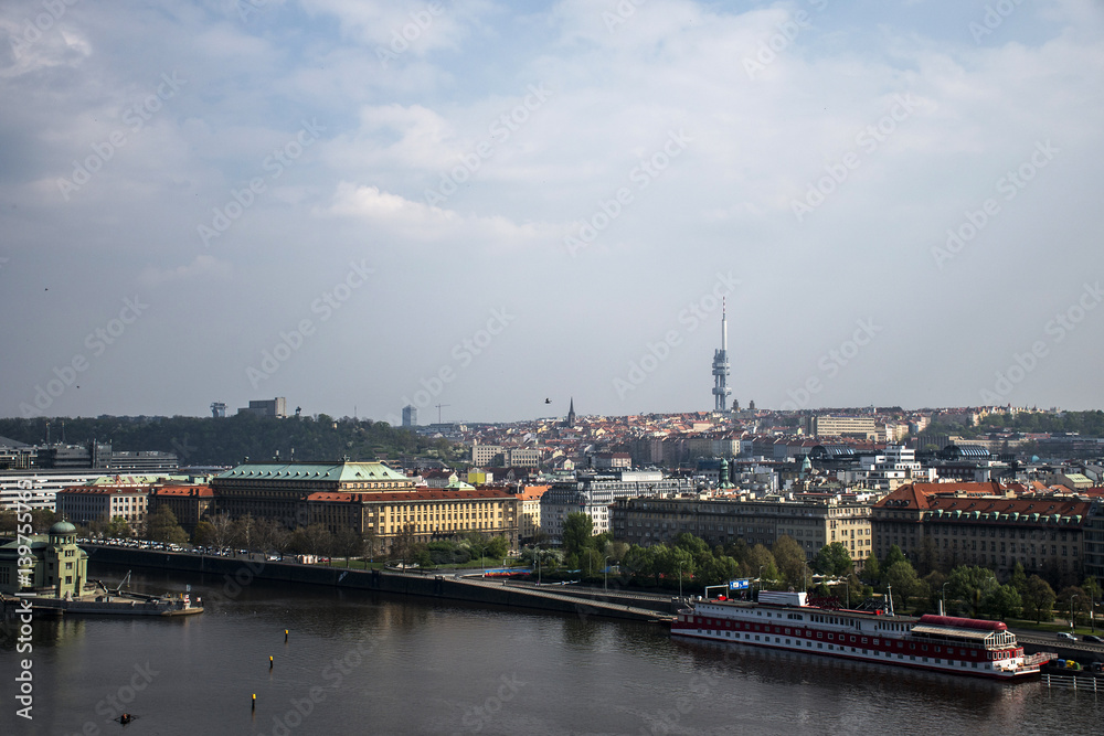 Czech Republic Prague capitol city skyline view over the roof river buildings bridges