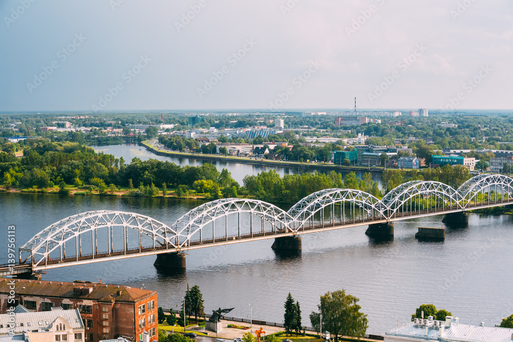 Obraz premium Riga, Latvia. Aerial View Of Railway Bridge Through Daugava Or W