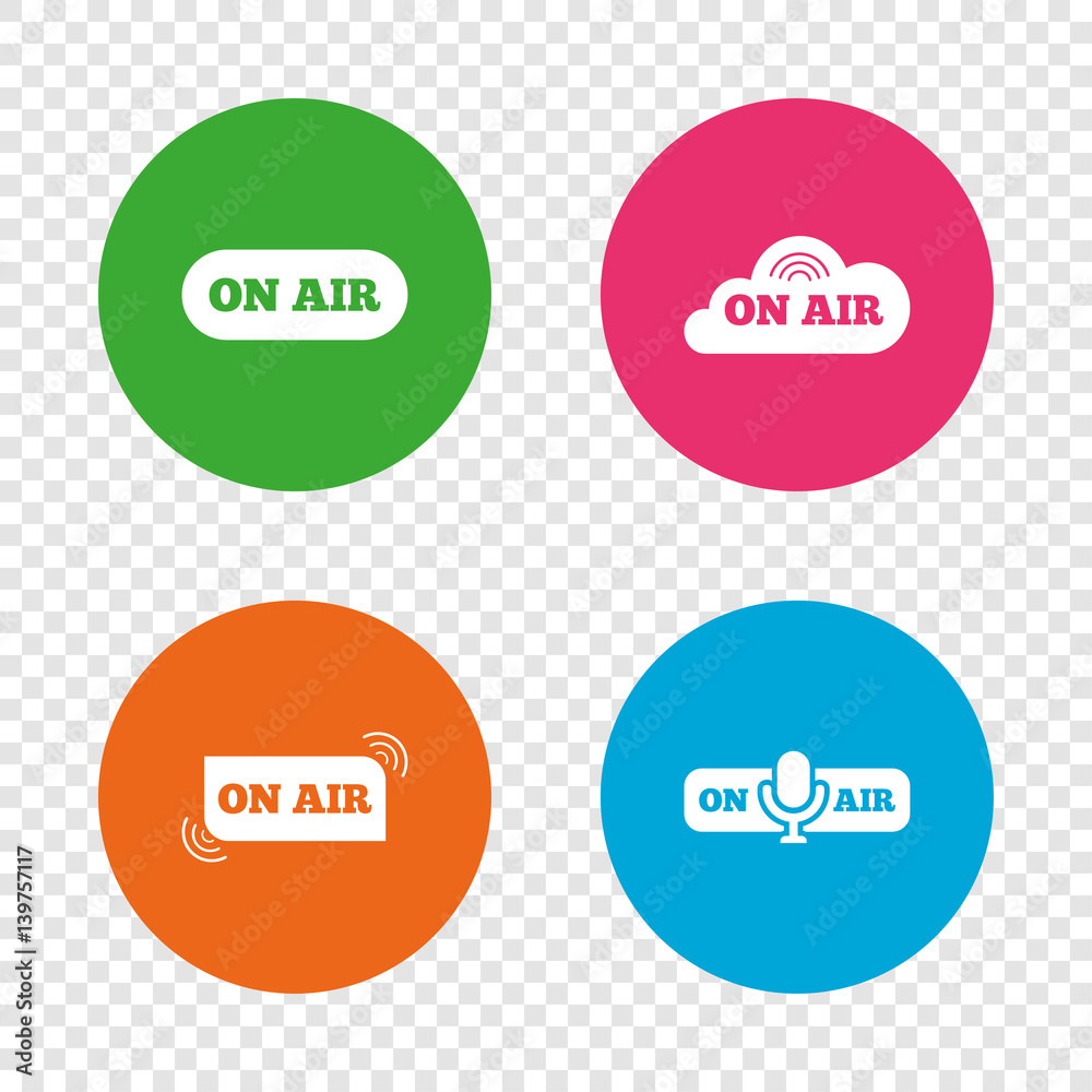 On air icons. Live stream signs. Microphone. On air icons. Live stream signs. Microphone.