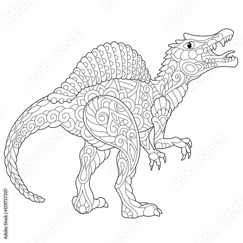 Stylized spinosaurus dinosaur of the middle Cretaceous period, isolated on white background. Freehand sketch for adult anti stress coloring book page with doodle and zentangle elements.