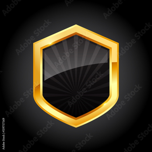 Shiny golden black shield with ribbon on black background, vector illustration