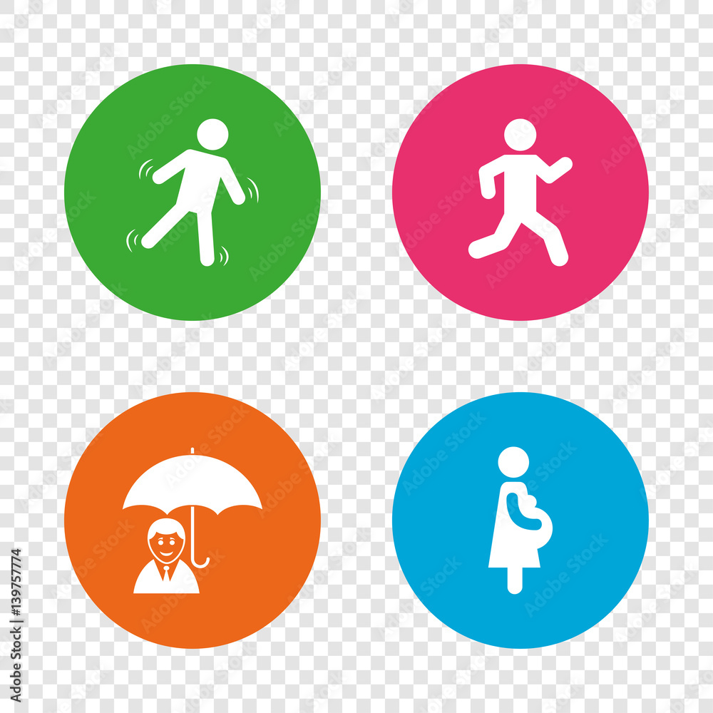 Businessman with umbrella. Human running symbol.
