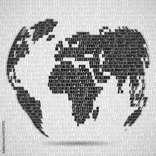 Abstract world map with letters of English alphabet. Vector globe background