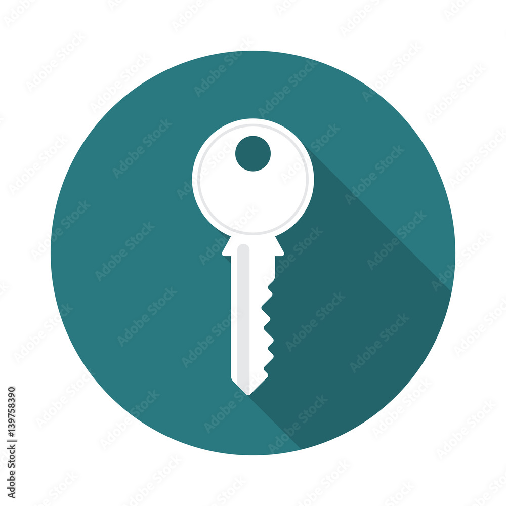 Key icon with long shadow. Flat design style. Round icon. Key silhouette. Modern flat icon in stylish colors. Web site page and mobile app design element. Key icon with long shadow. Flat design style. Round icon. Key silhouette. Modern flat icon in stylish colors. Web site page and mobile app design element.