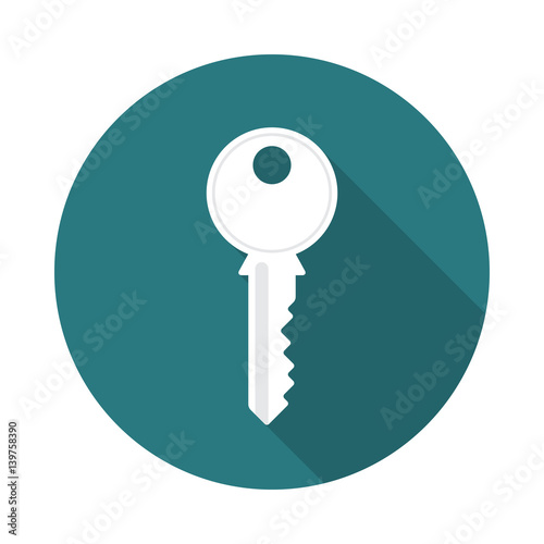 Key icon with long shadow. Flat design style. Round icon. Key silhouette. Modern flat icon in stylish colors. Web site page and mobile app design element.