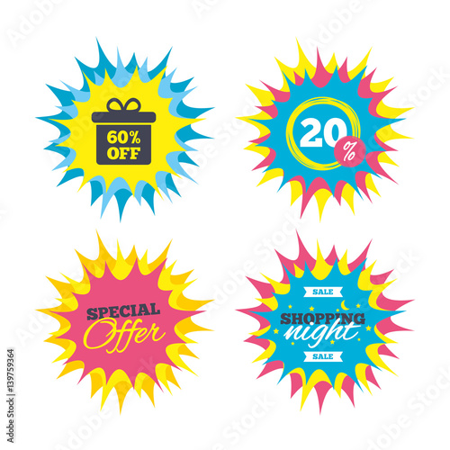60 percent sale gift box tag sign icon.