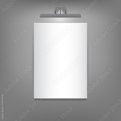 Vertical white canvas with backlight on a gray wall. Template for your design, business presentation, placards, photos. Vector eps 10.