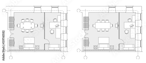 Standard office furniture symbols on floor plans