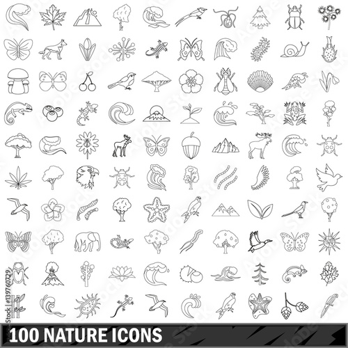 100 nature icons set, outline style