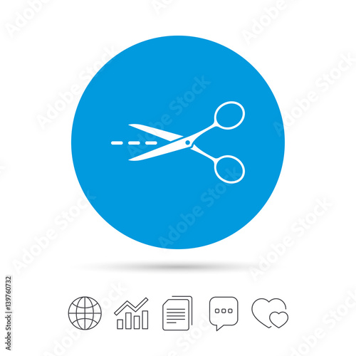 Scissors with cut line sign icon. Tailor symbol.