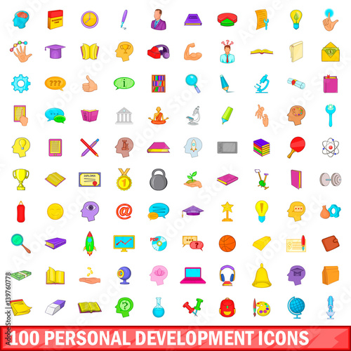100 personal development icons set, cartoon style