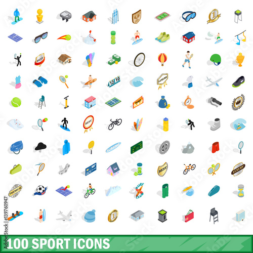 100 sport icons set, isometric 3d style