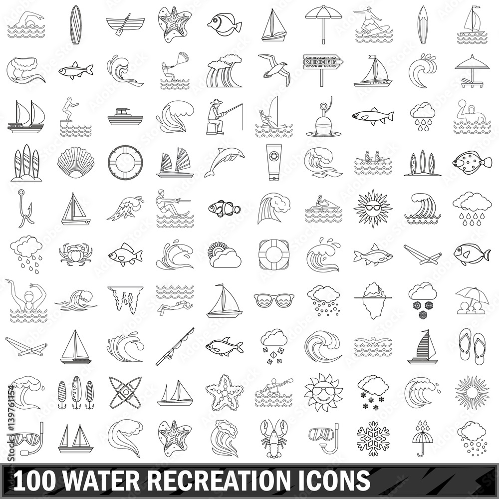 100 water recreation  icons set, outline style