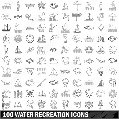100 water recreation icons set, outline style