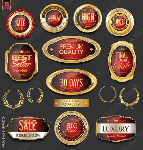 Golden badges and labels with laurel wreath collection