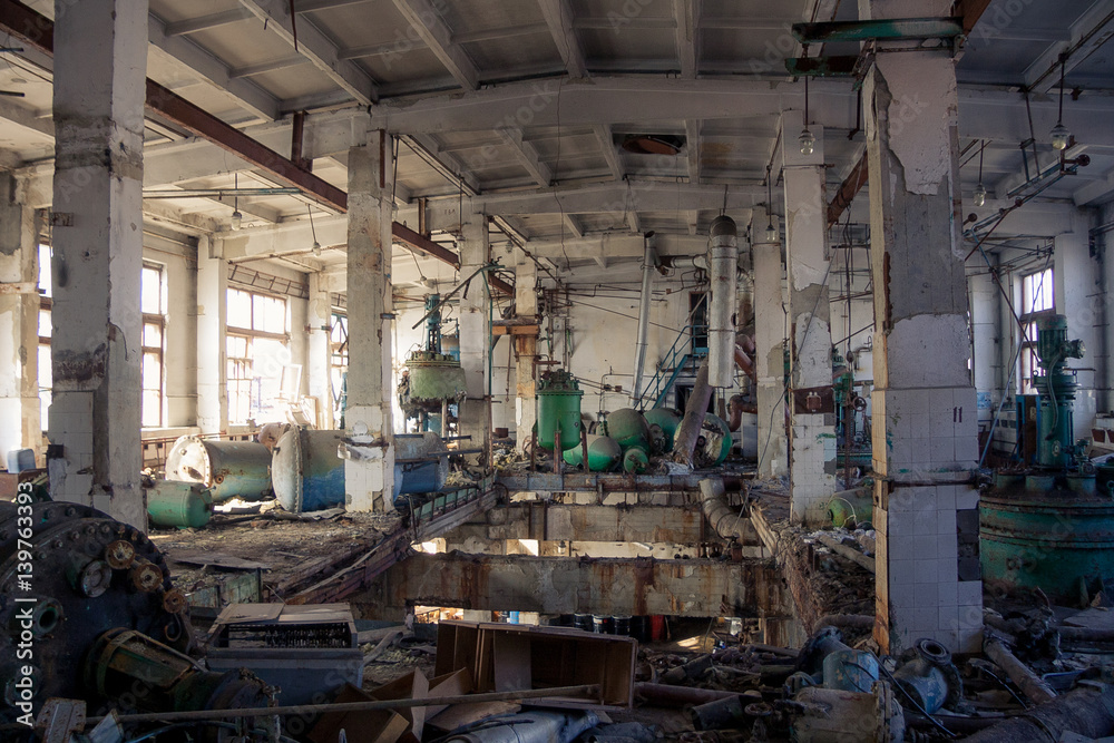 The abandoned chemical pharmacy vitamin plant with the remains of equipment