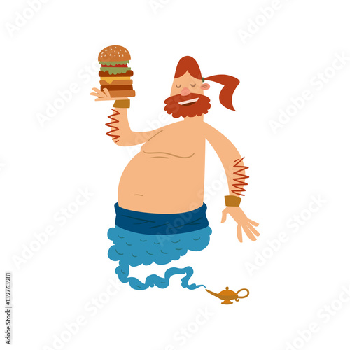 Cartoon genie djinn character magic lamp flat vector illustration treasure arabian aladdin miracle hamburger coming out on white background